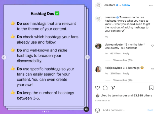 Liste des hashtags du compte Instagram Creators