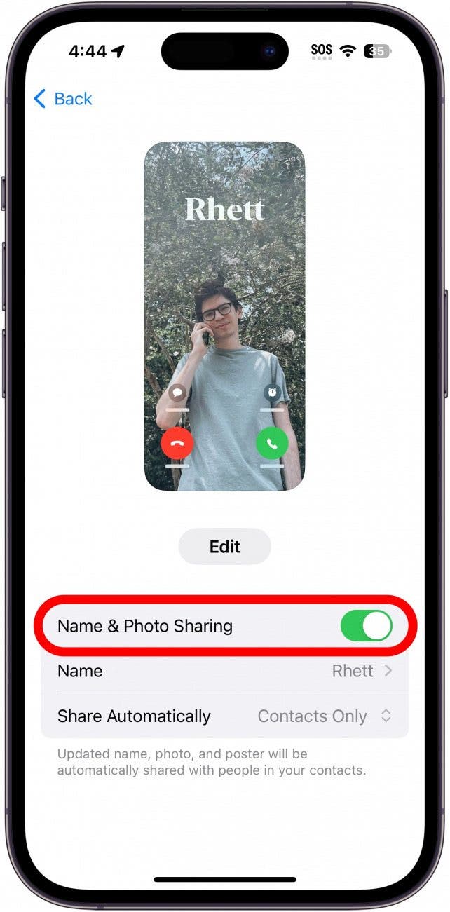 Paramètres de photo et d'affiche de contact iPhone avec bascule de partage de nom et de photo entourée en rouge