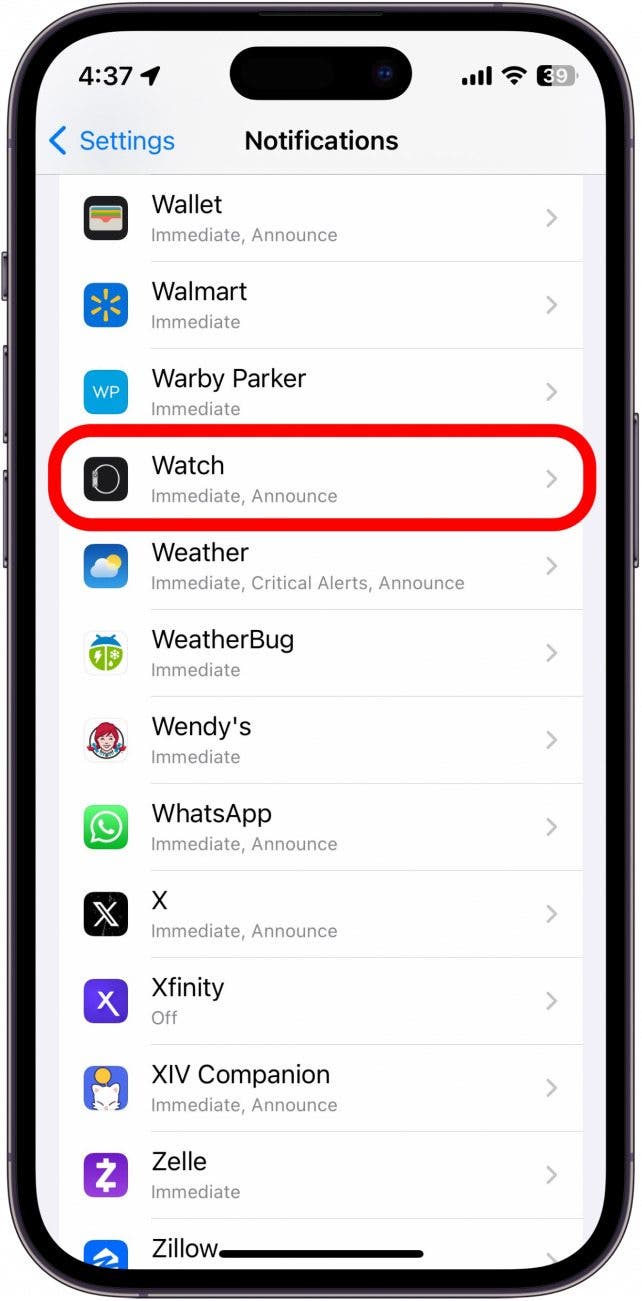 paramètres de notification iPhone avec application montre entourée en rouge