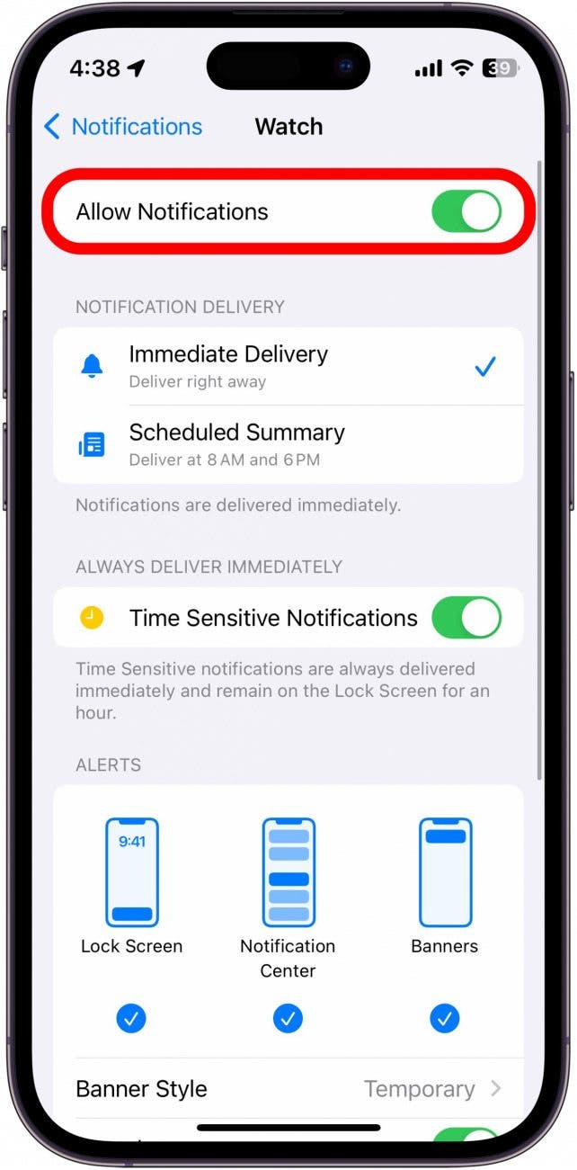 Paramètres de notification de l'application iPhone Watch 