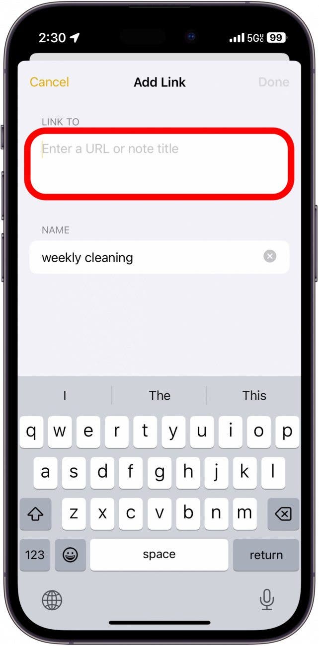 les notes iPhone ajoutent un menu de liens avec un cercle rouge autour du champ de saisie de texte