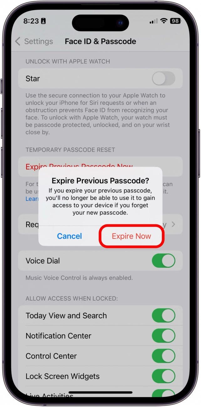 Appuyez sur Expirer maintenant.  L'option disparaîtra et personne ne pourra utiliser l'ancien mot de passe pour accéder à votre iPhone.