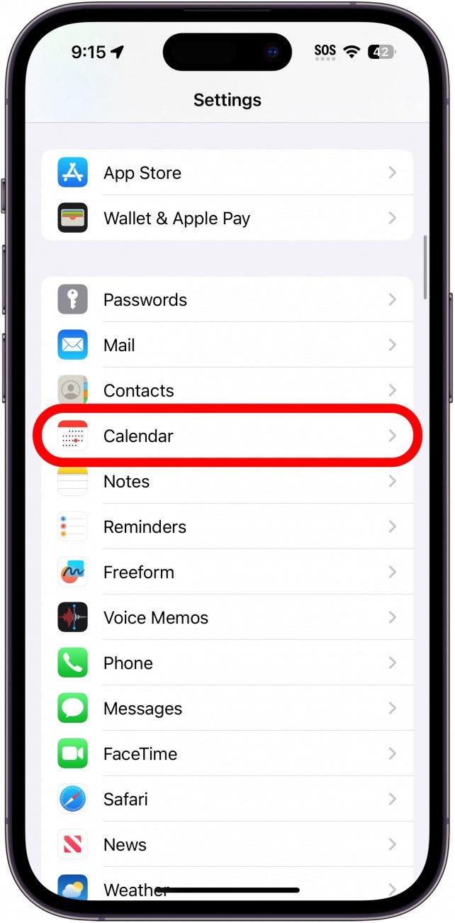 paramètres iphone avec calendrier entouré en rouge