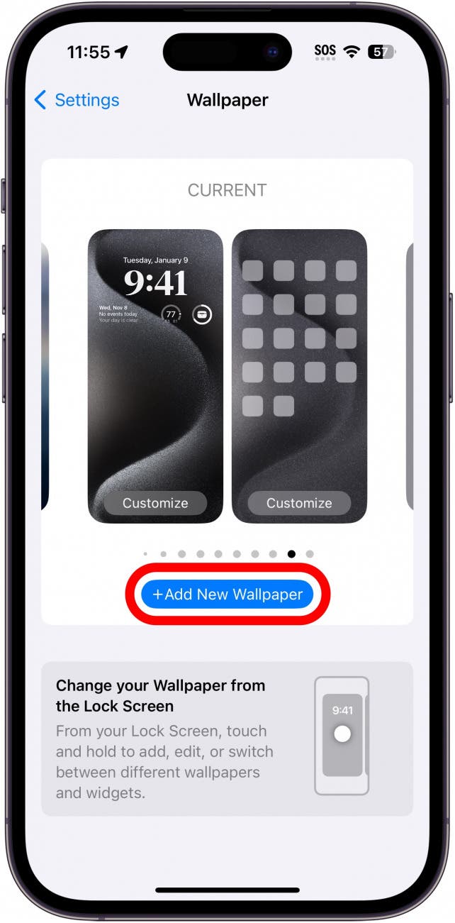 Paramètres du fond d'écran de l'iPhone avec le bouton Ajouter un nouveau fond d'écran entouré en rouge