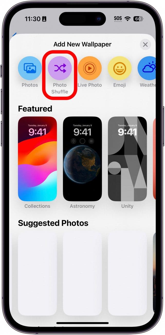 Paramètres du fond d'écran de l'iPhone avec photo aléatoire entourée en rouge