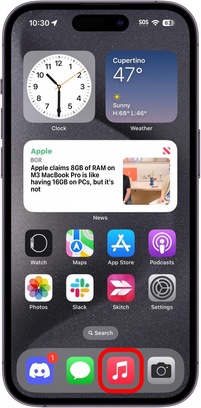 écran d'accueil de l'iphone avec application musicale entourée en rouge