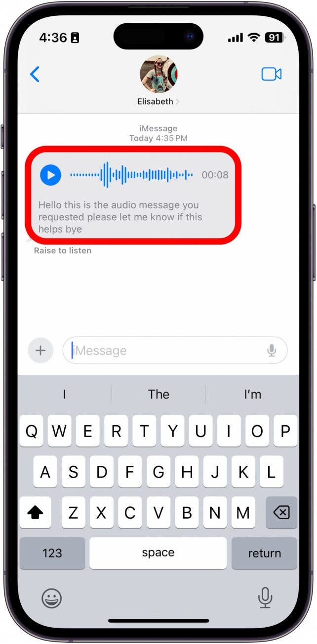 message audio de l'application de messages iPhone avec transcription ci-dessous