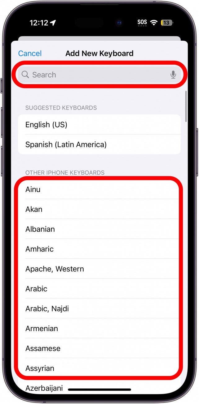 menu des claviers iphone avec barre de recherche et liste de langues entourées en rouge