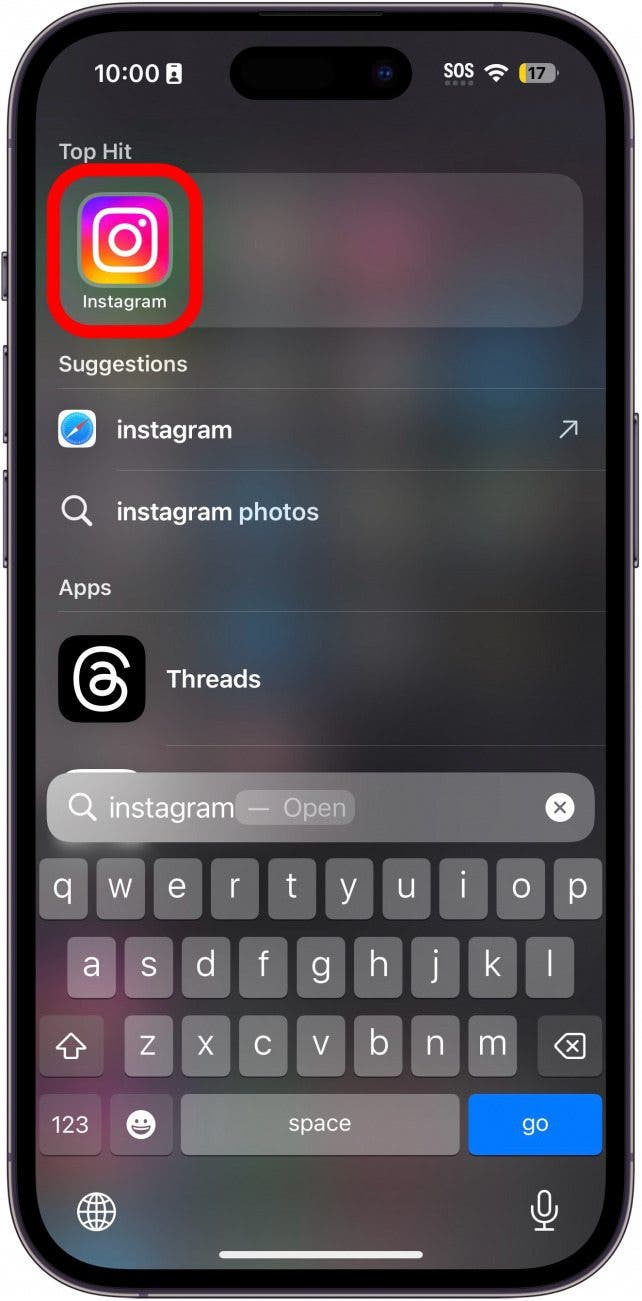 Recherche Spotlight sur iPhone avec l'application Instagram entourée en rouge