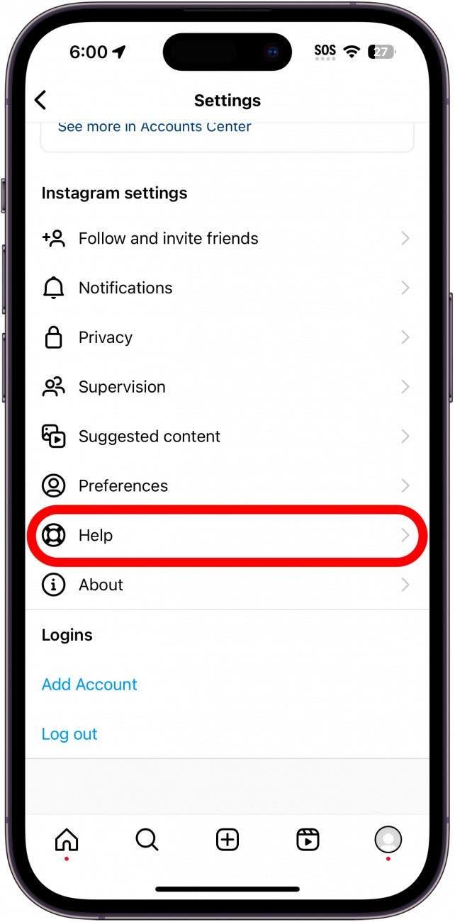 menu des paramètres instagram avec bouton d'aide entouré en rouge
