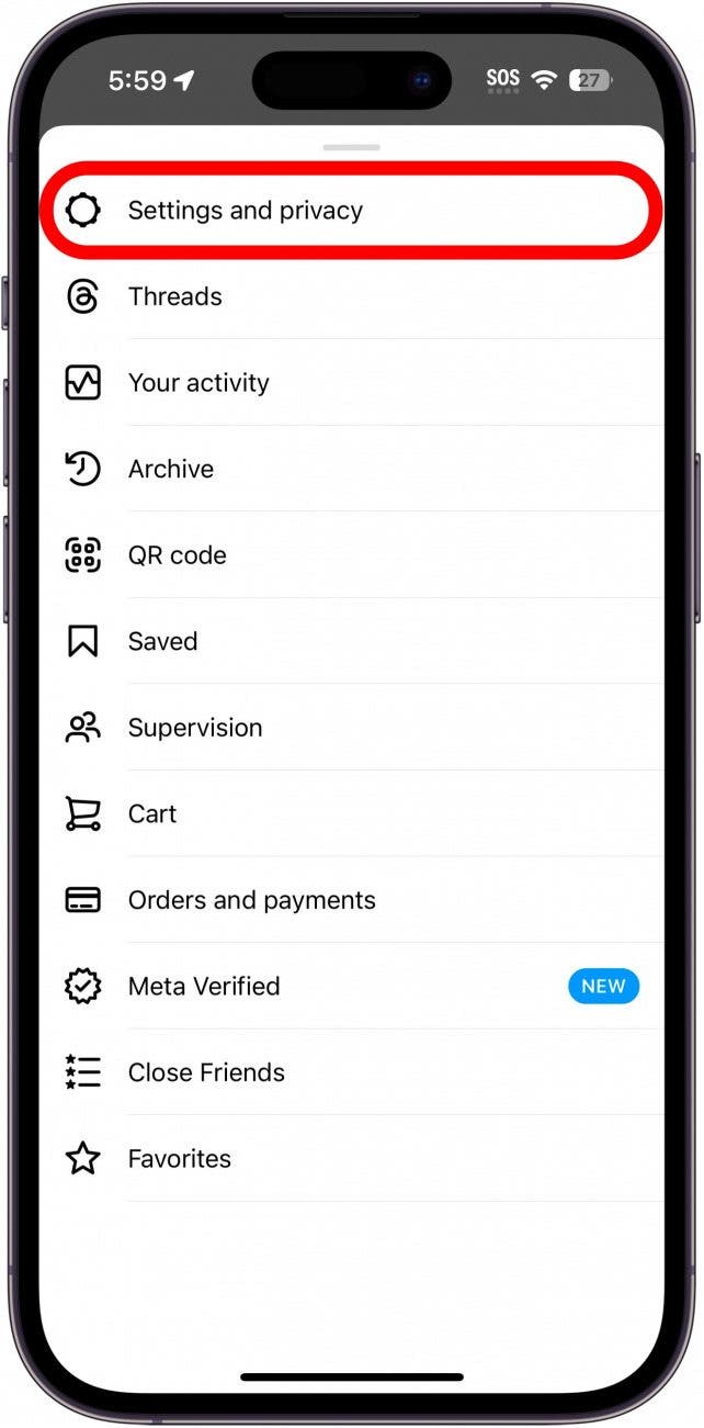 menu de profil instagram avec paramètres et bouton de confidentialité entouré en rouge