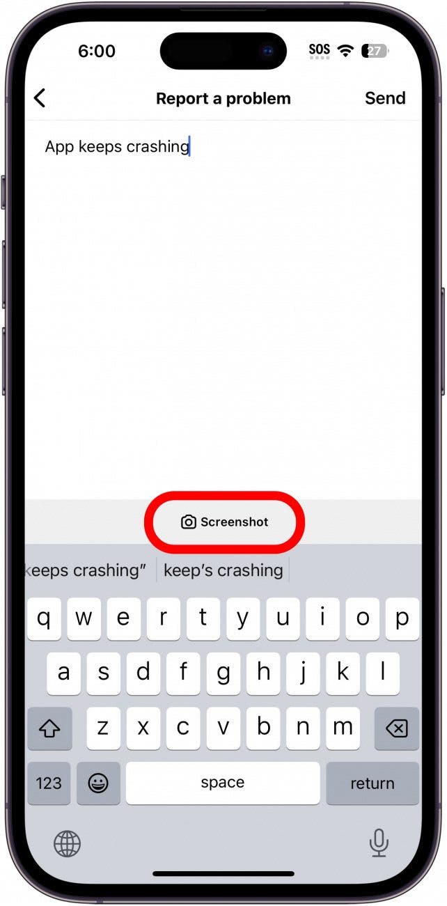 Instagram signale un problème d'écran avec le bouton de capture d'écran entouré en rouge