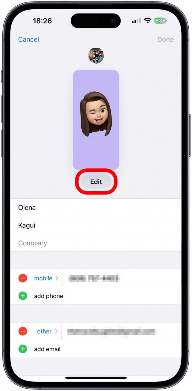 Ensuite, appuyez sur Modifier pour personnaliser votre affiche de contact et votre photo de contact.