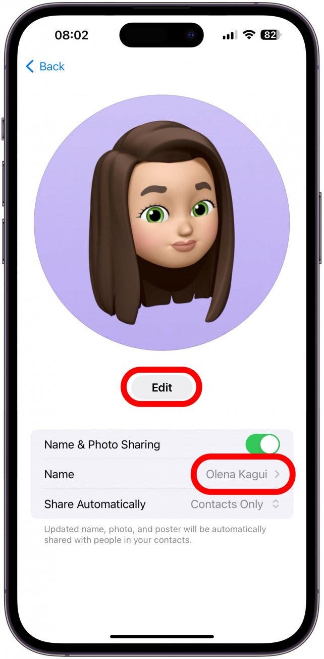 Vous pouvez modifier votre nom en appuyant sur votre nom et apporter des modifications à votre photo de contact et à votre affiche en appuyant sur Modifier.