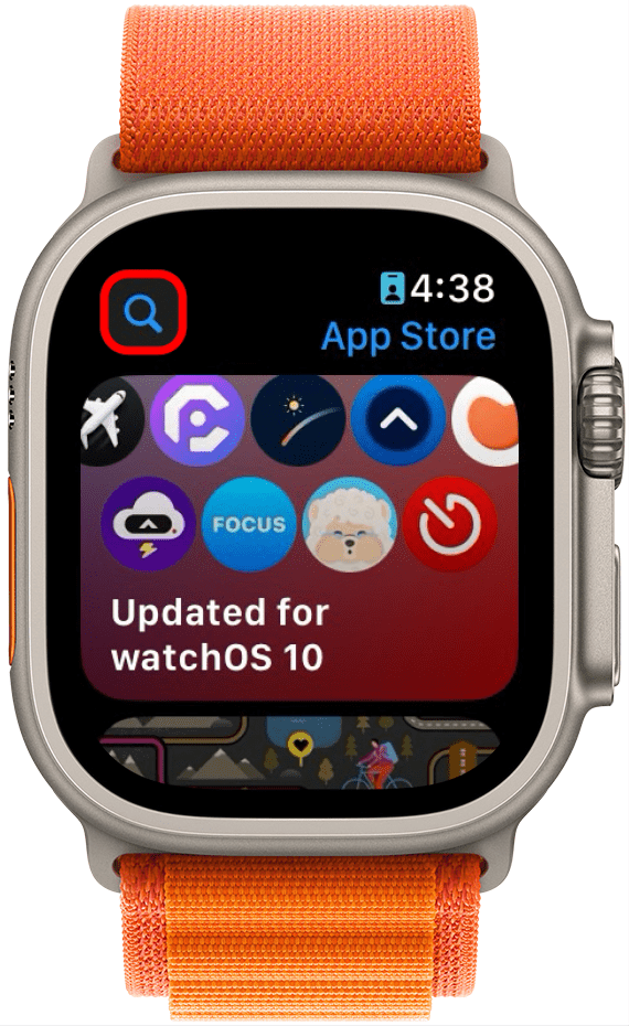 Apple Watch App Store avec icône de recherche entourée en rouge