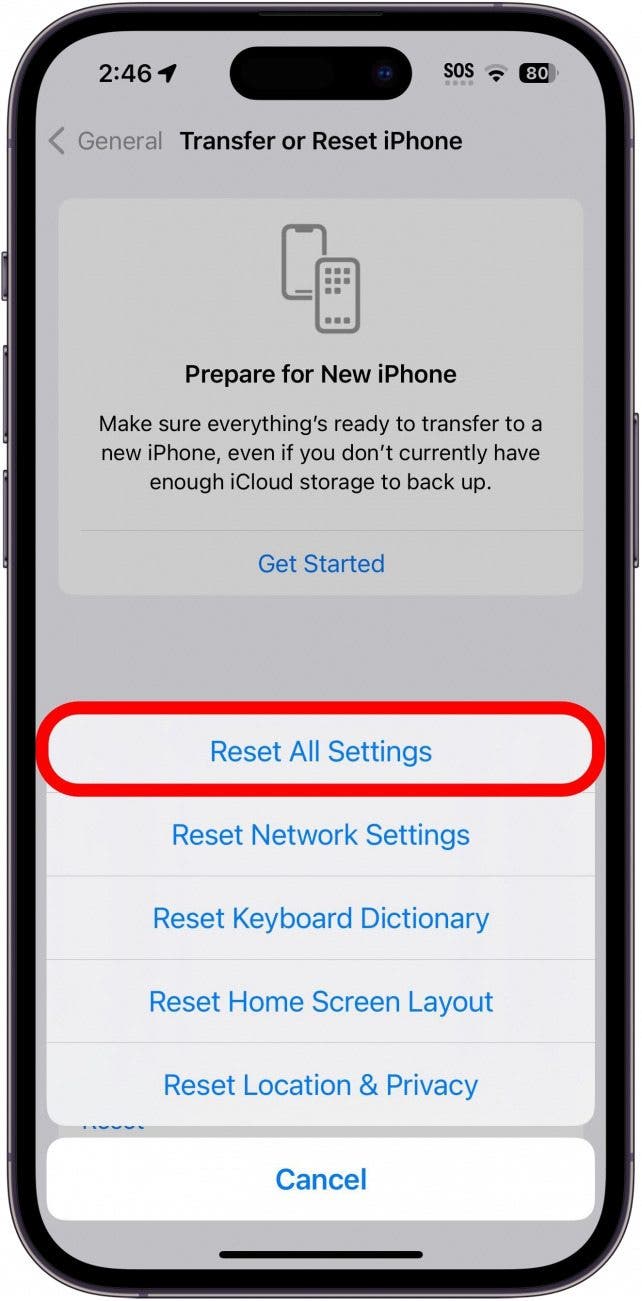 écran de réinitialisation de l'iphone avec bouton de réinitialisation de tous les paramètres entouré en rouge