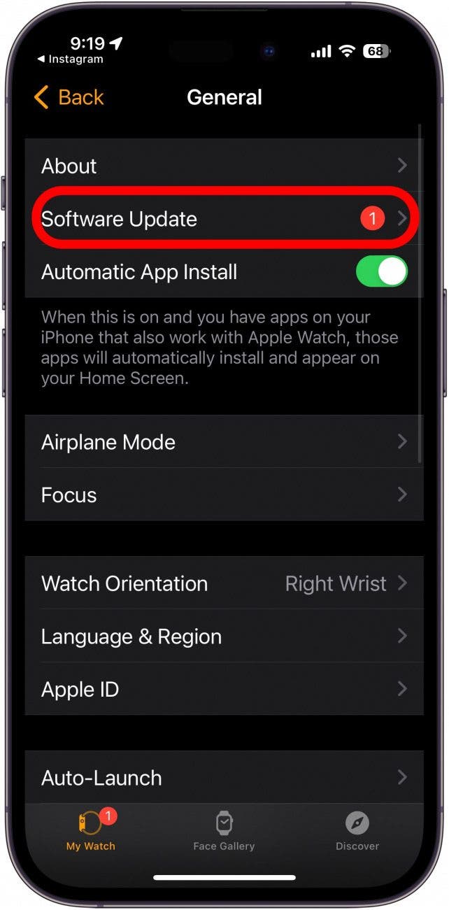 appuyez sur mise à jour du logiciel pour mettre à jour le logiciel de l'Apple Watch