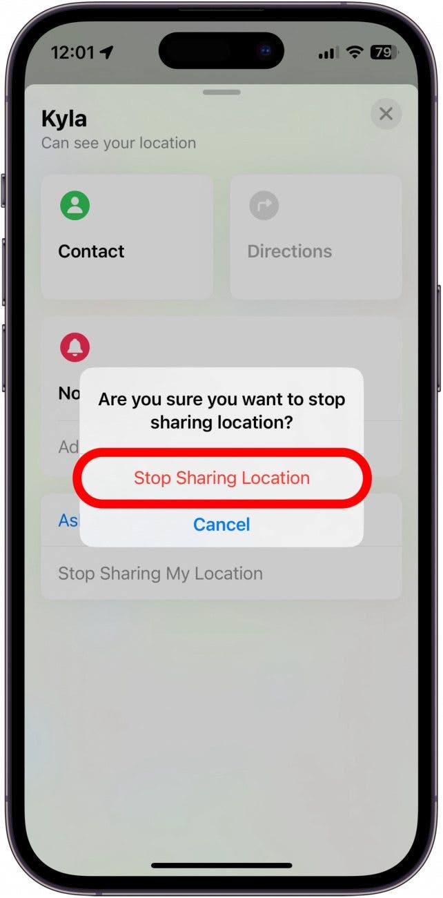 fenêtre de confirmation d'arrêt de partage de position sur iPhone avec arrêt de partage de position entouré en rouge