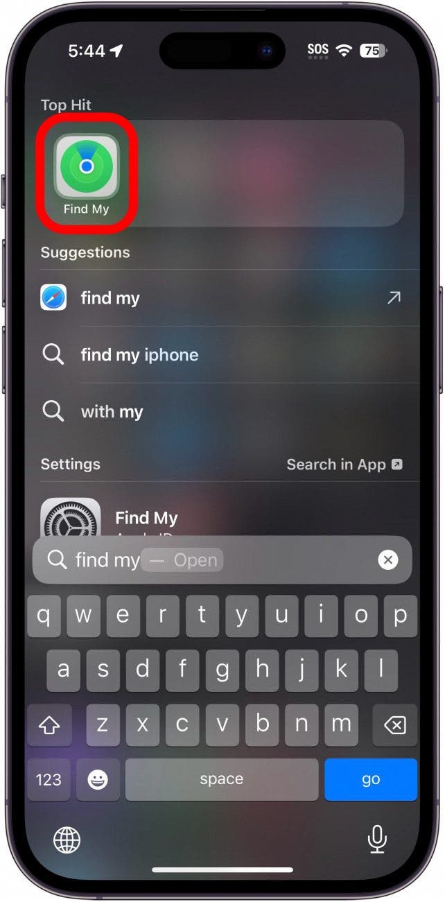 recherche sur iPhone avec trouver mon application entourée en rouge