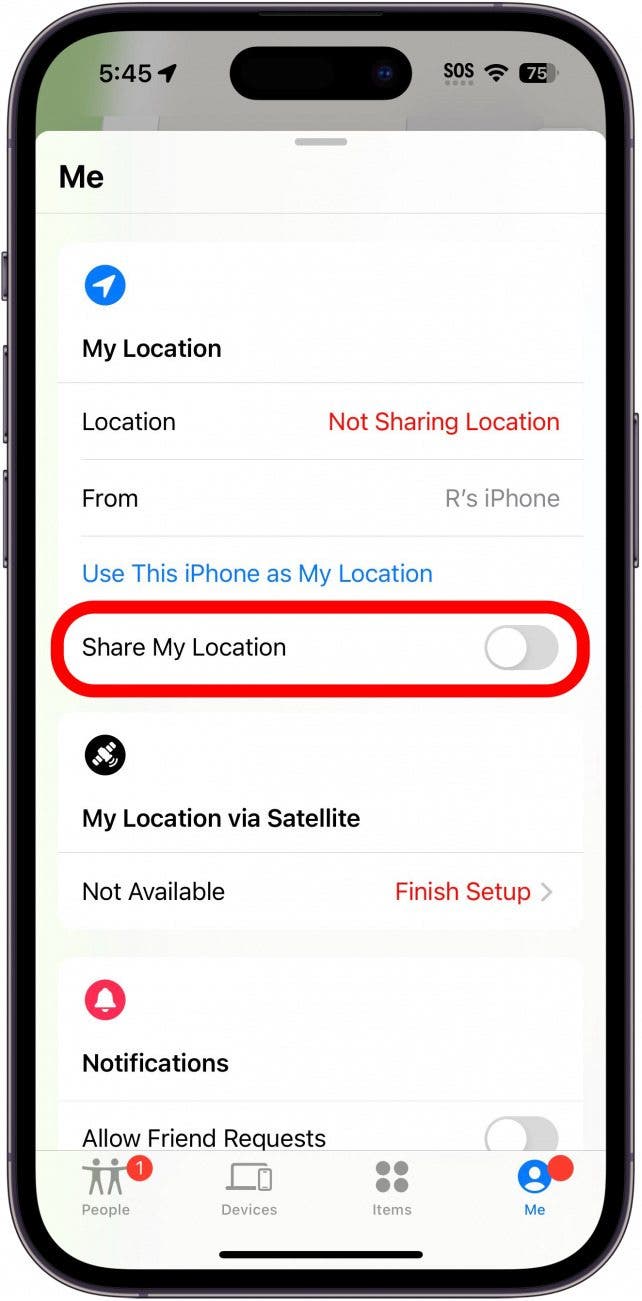 iphone trouver mon application avec la bascule de localisation de partage désactivée entourée en rouge