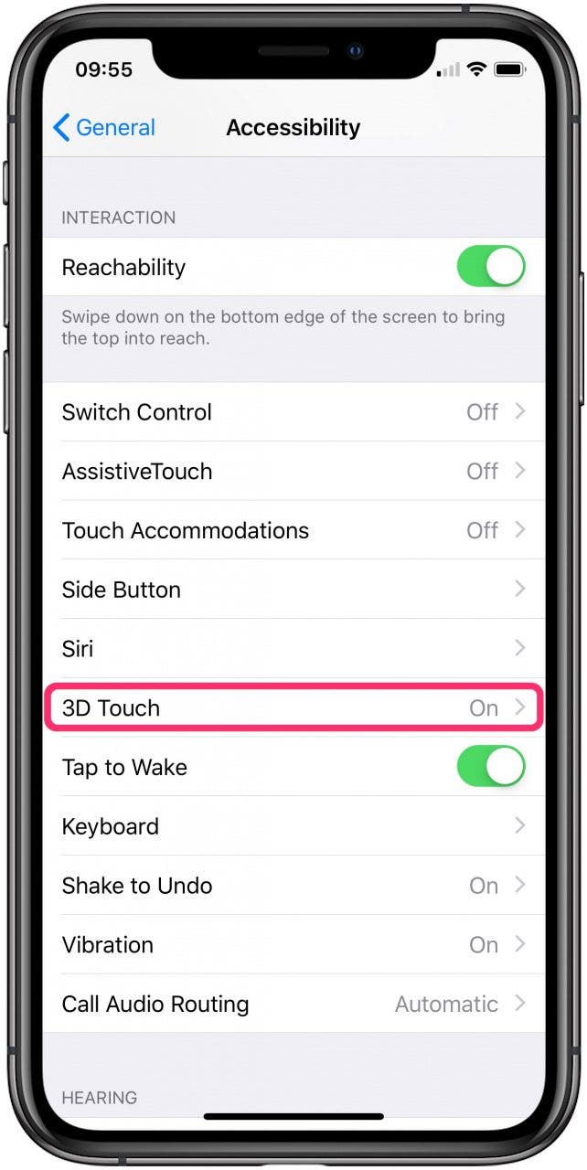 Une image de l’écran Paramètres d’accessibilité de l’iPhone avec la catégorie 3D Touch encerclée.