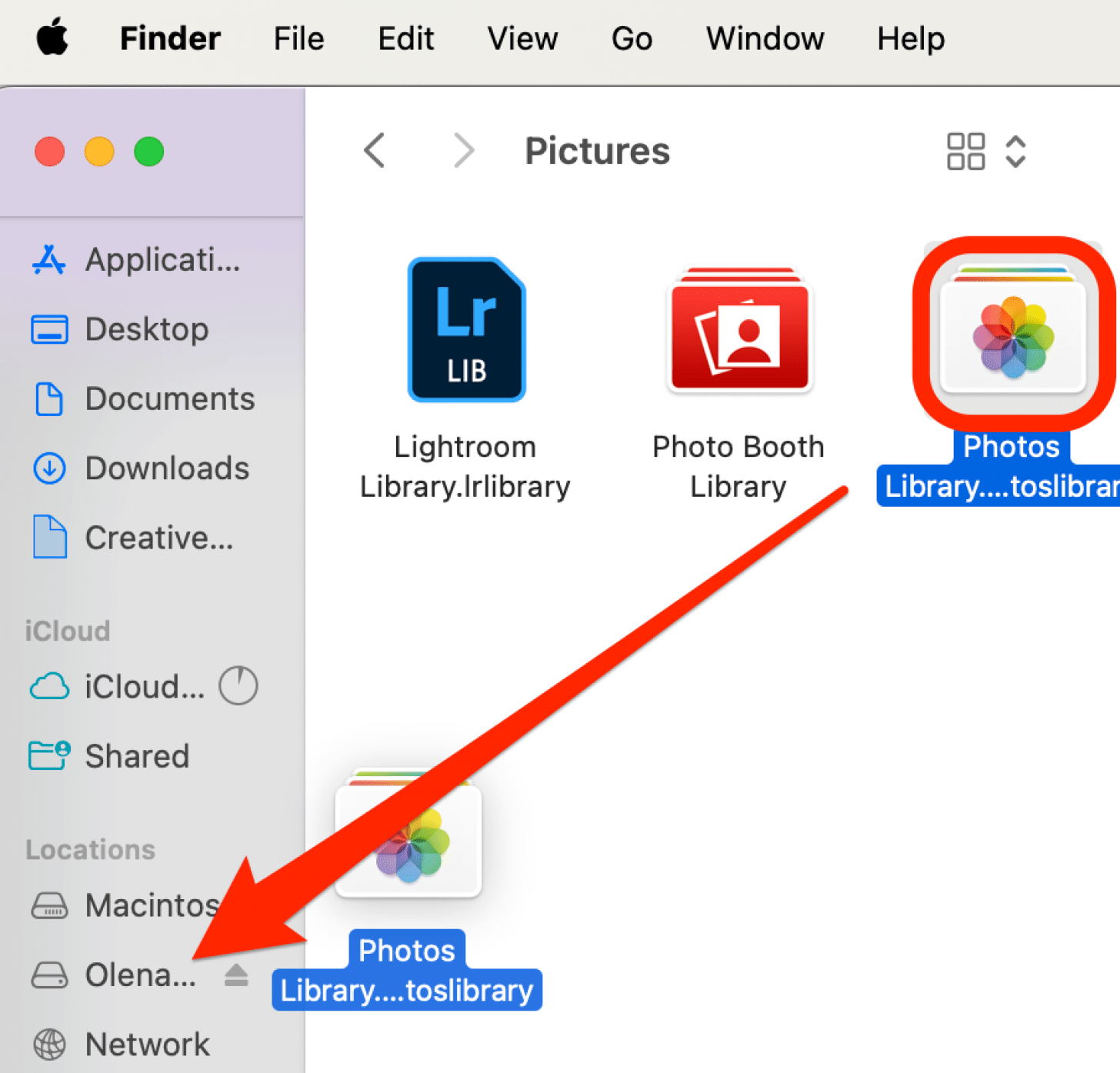 Faites glisser et déposez la bibliothèque de photos depuis Images vers votre disque dur externe.