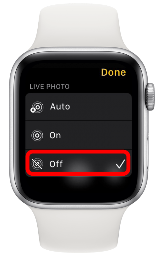 Activez, Désactivez ou Auto la photo en direct dans les paramètres de l'application Appareil photo Apple Watch.
