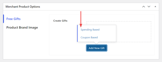 Une capture d'écran de la section Options du produit marchand sur une page de produit WooCommerce, montrant les options du module Cadeaux gratuits