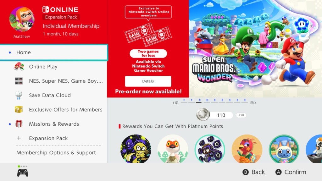 Capture d'écran de l'interface utilisateur du Nintendo Switch Online + Pack d'extension