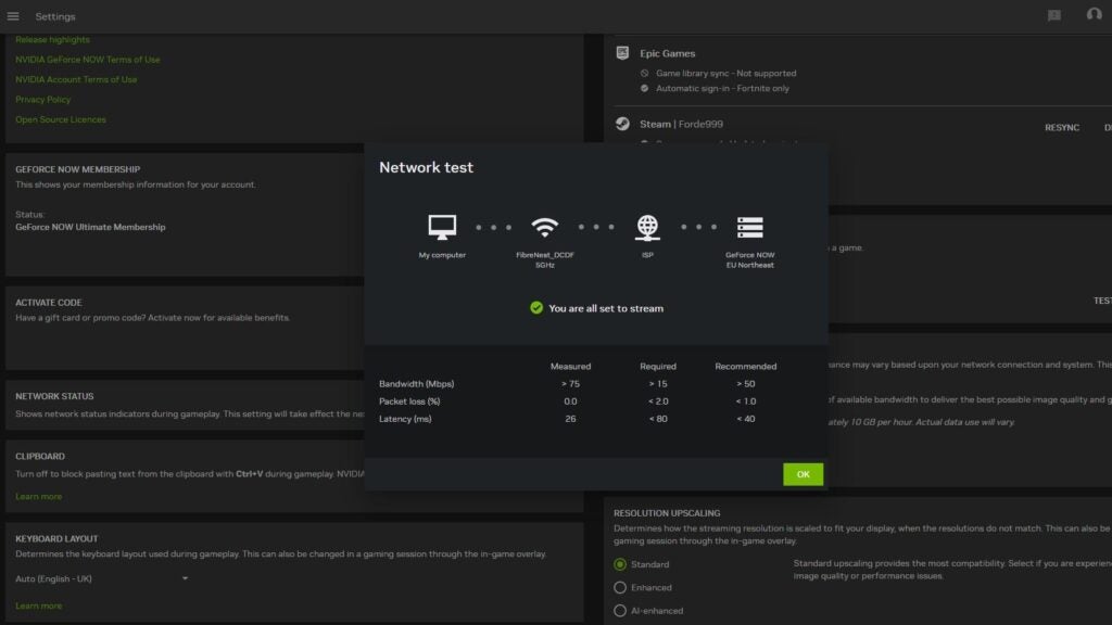 Capture d'écran du test réseau de Nvidia GeForce Now Ultimate