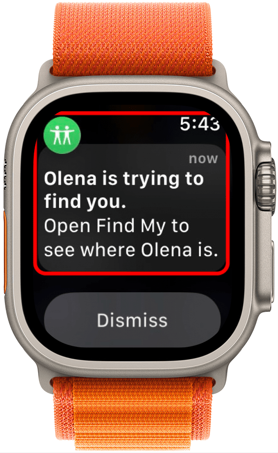 notification Apple Watch affichant un message indiquant qu'un ami essaie de vous localiser