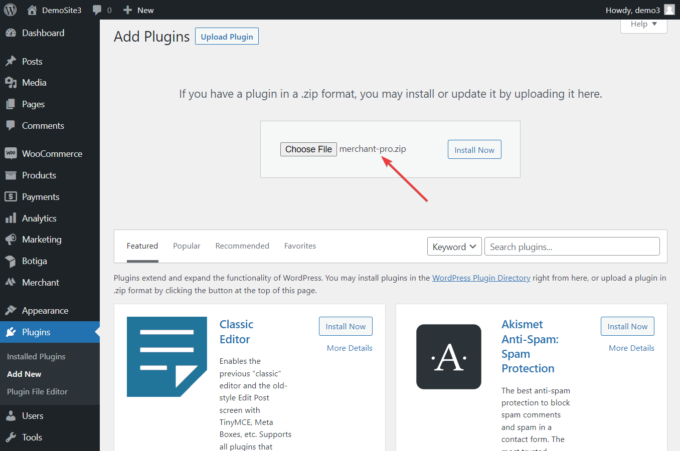 Écran de téléchargement du plugin dans la zone d'administration WordPress avec le plugin Merchant Pro