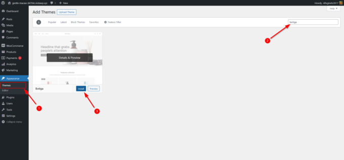 Capture d'écran annotée montrant comment installer le thème gratuit Botiga dans la zone d'administration WordPress