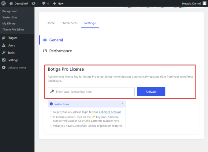 Emplacement de l'option Licence Botiga Pro dans la zone d'administration WordPress