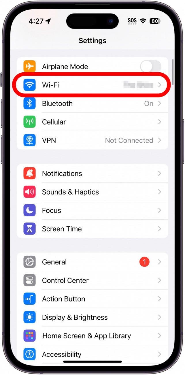 Paramètres de l'iPhone avec un cercle rouge autour du Wi-Fi