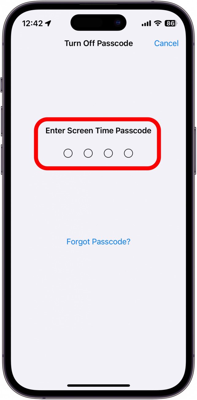 écran de code de temps d'écran de l'iphone avec champ de saisie du code d'accès entouré en rouge