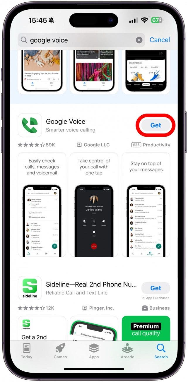Téléchargez l'application Google Voice (gratuite) depuis l'App Store et ouvrez-la.