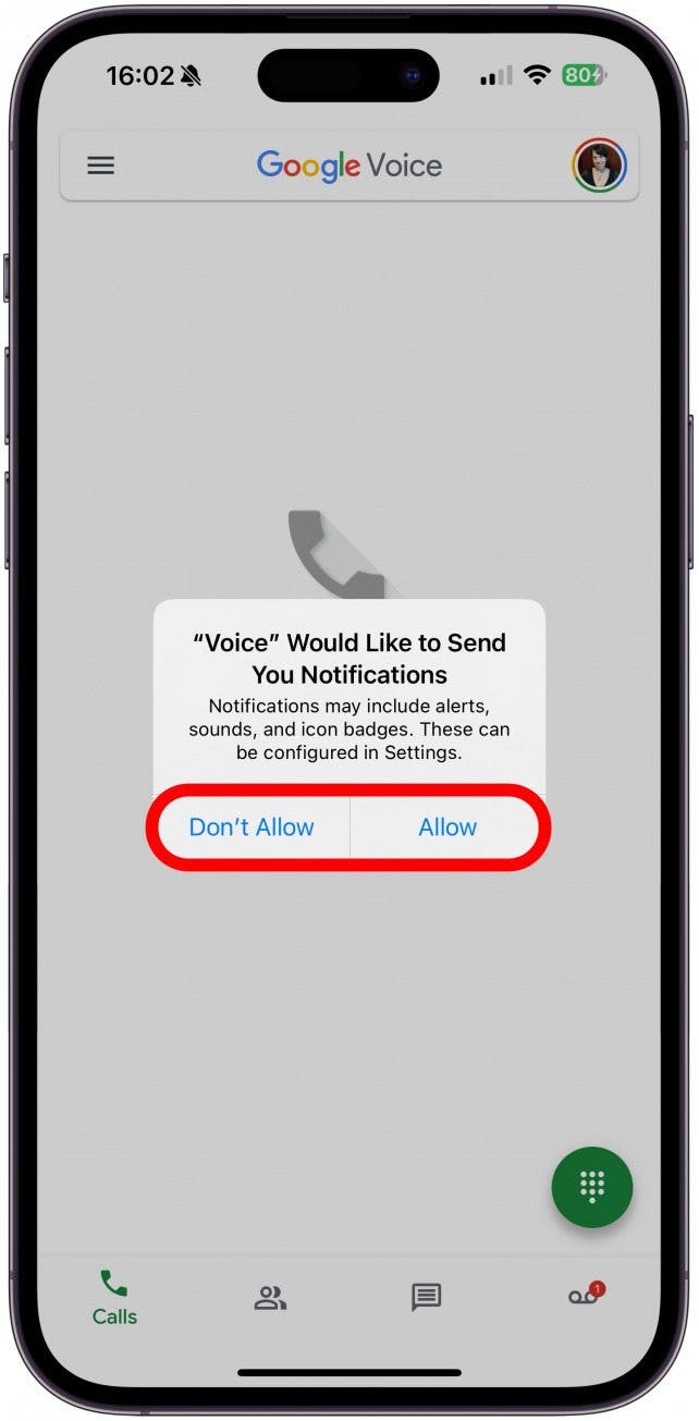 Assurez-vous d'autoriser Voice à vous envoyer des notifications afin de ne manquer aucun appel entrant.