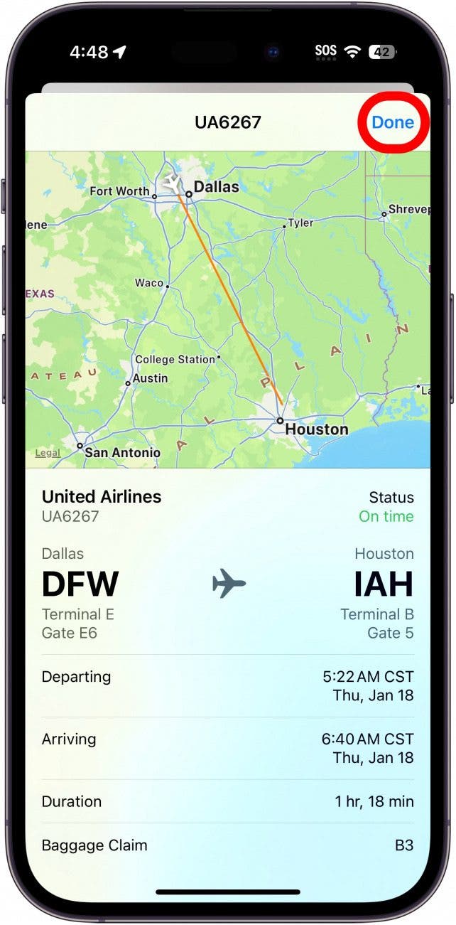 Fenêtre de détails du vol iPhone avec terminé entouré en rouge