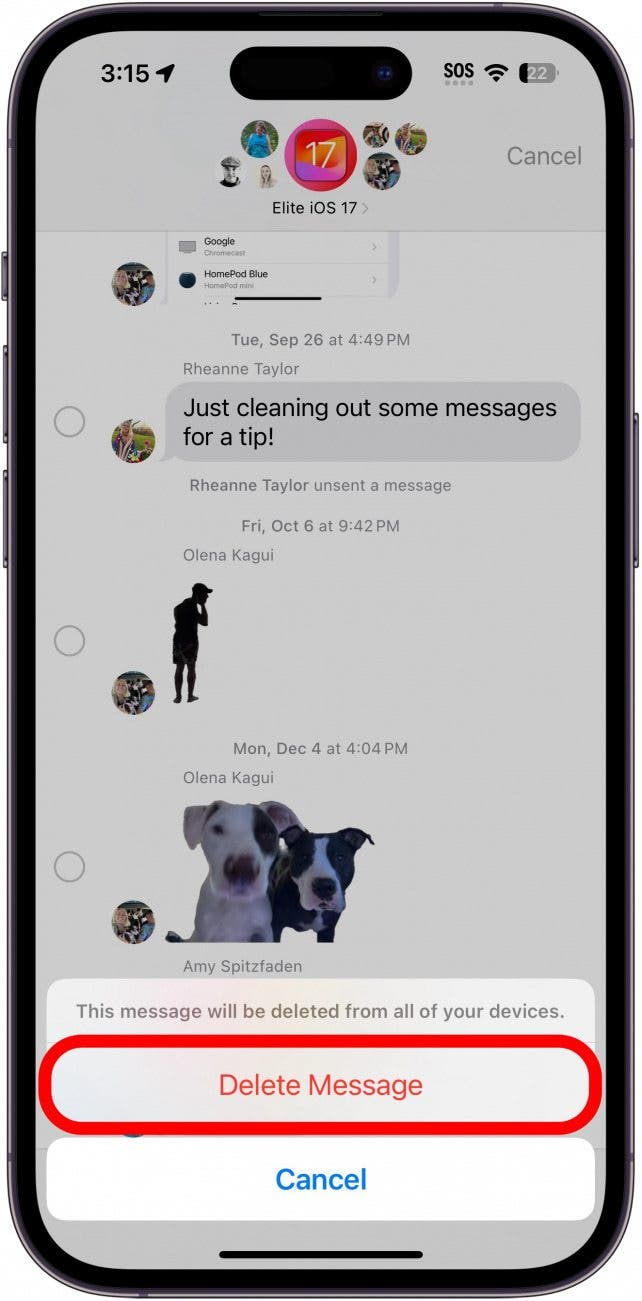 conversation par message iPhone avec un cercle rouge autour du bouton Supprimer le message
