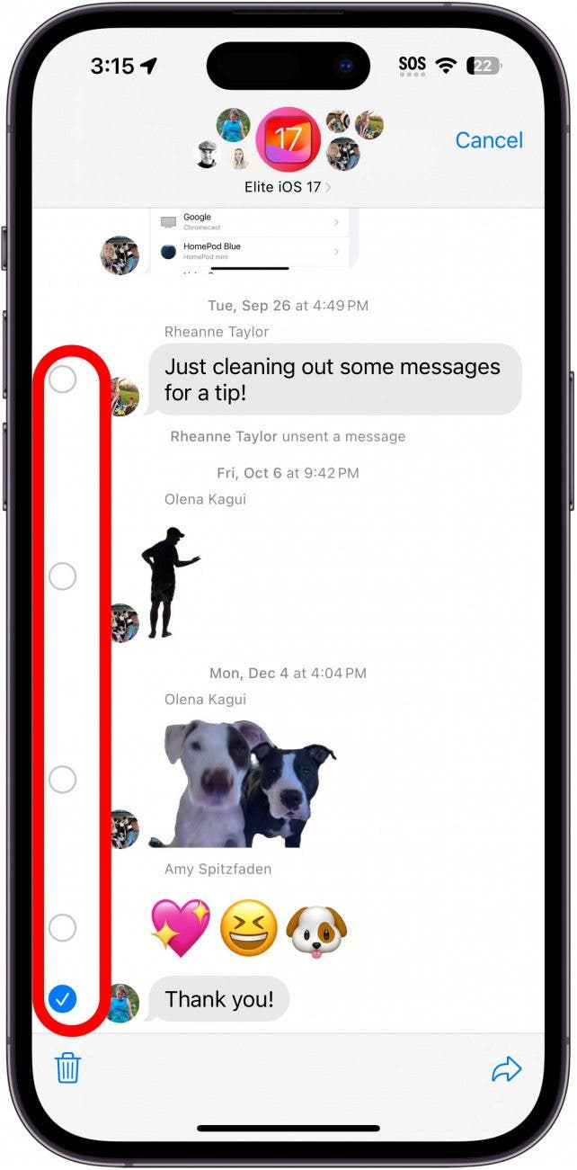 conversation par message iPhone avec un cercle rouge autour des bulles de suppression sur le bord gauche de l'écran