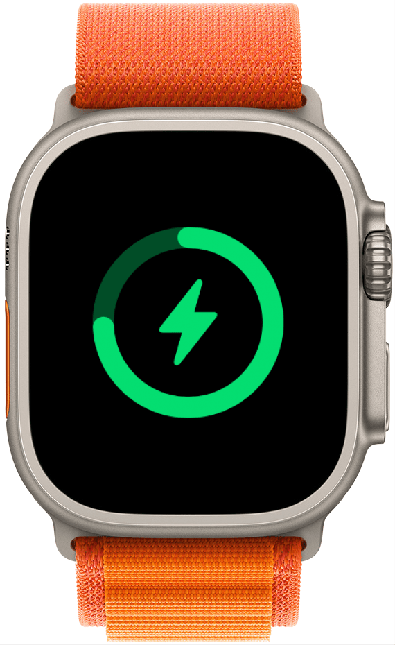 Apple Watch affichant le symbole de charge et le niveau de la batterie