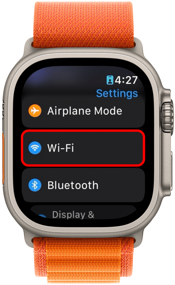 paramètres apple watch avec wi fi entourés en rouge