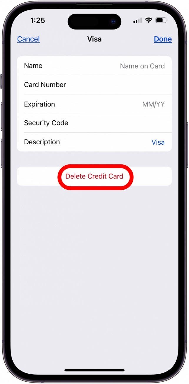 comment supprimer les cartes enregistrées sur iPhone et iPad appuyez sur Supprimer la carte de crédit