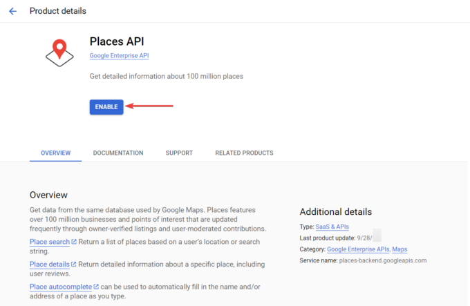 activation de l'API Google Places