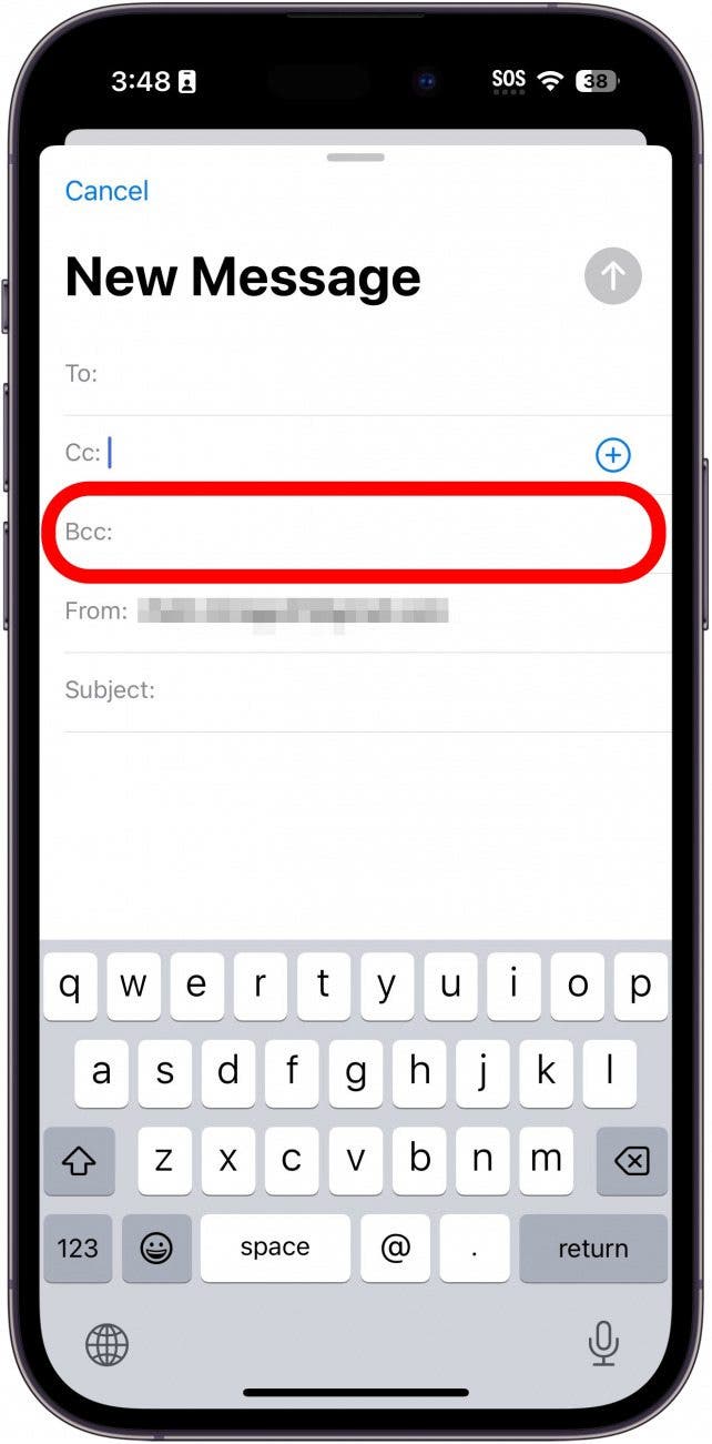 application de messagerie iphone avec champ Cci entouré en rouge
