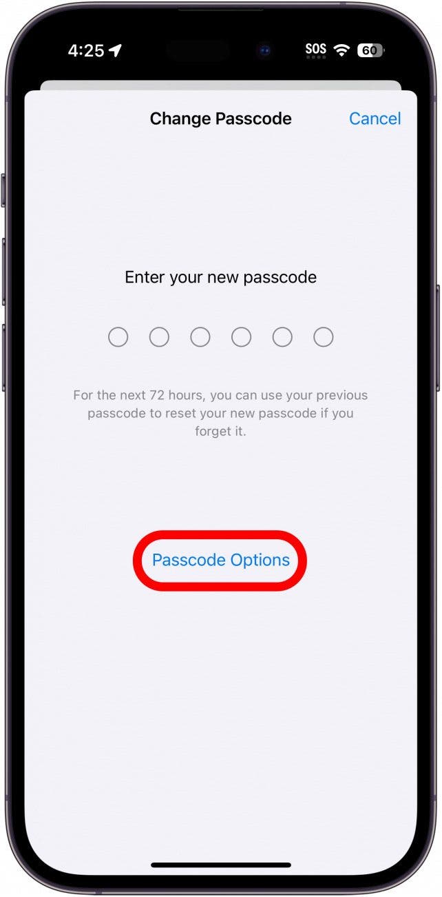 écran de changement de code d'accès de l'iphone avec les options de code d'accès entourées en rouge