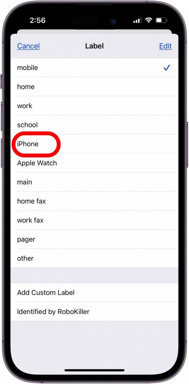 appuyez sur iPhone dans le menu des étiquettes de contacts