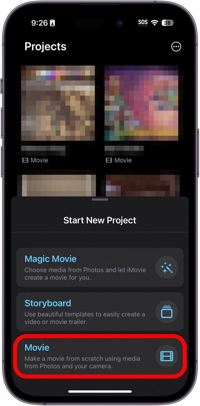 application iphone imovie avec option film entourée en rouge
