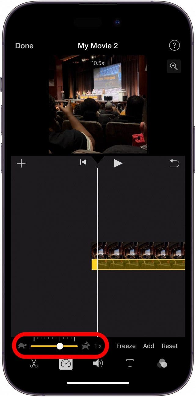 application iphone imovie avec curseur de vitesse de lecture entouré en rouge